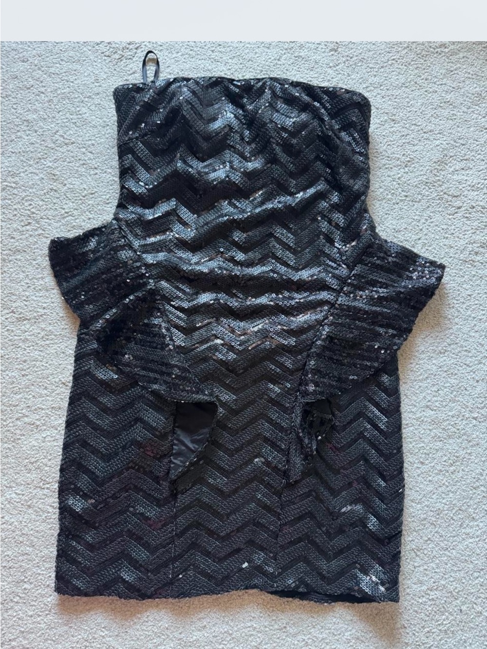 bebe Black Sequin Strapless Peplum Top